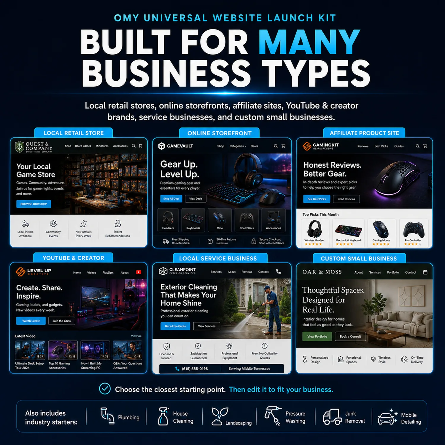 Local retail, storefront, affiliate, creator, service and custom website modes