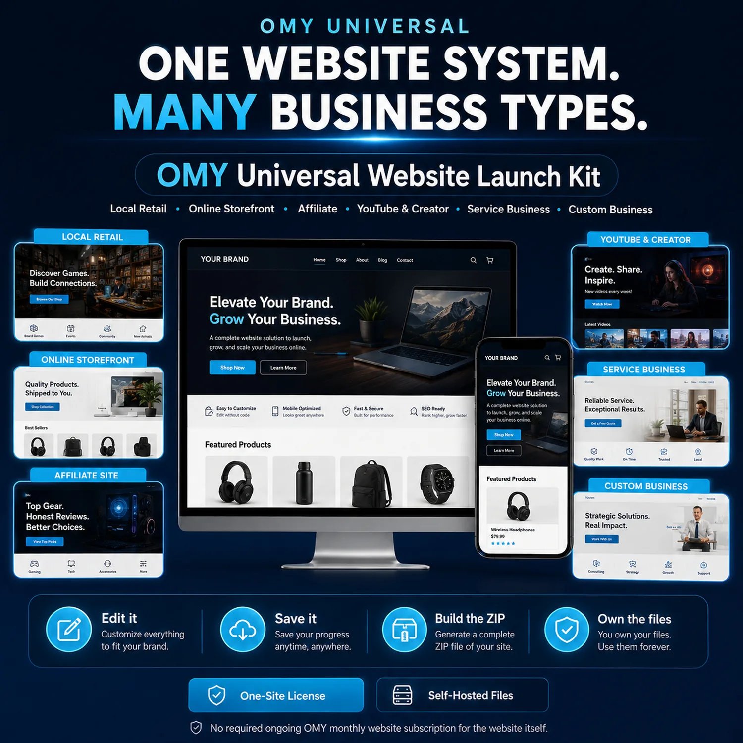 OMY Universal Website Launch Kit showing several finished business website styles